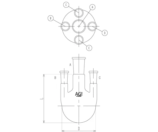 65-0599-22　5 Port Flask Side Tube Vertical Type 1,000 mL 24/40/15/25　3122-1-4L1L