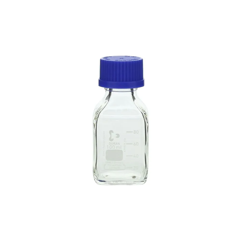 1-8870-09　Screw-Top Bottle Square White (DURAN(R)) with Blue Cap 100mL　017230-100