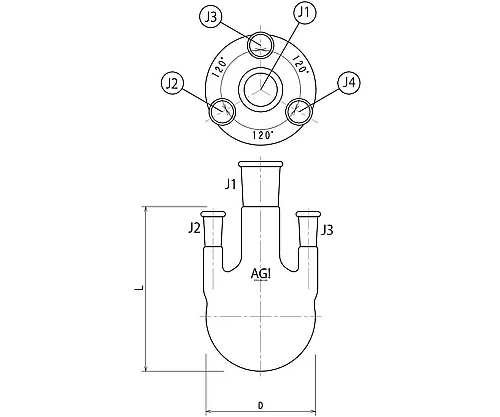 61-3619-32　4 Neck Flask Side Tube Vertical Type 100mL 24/40・15/25　3120-100-4L1L