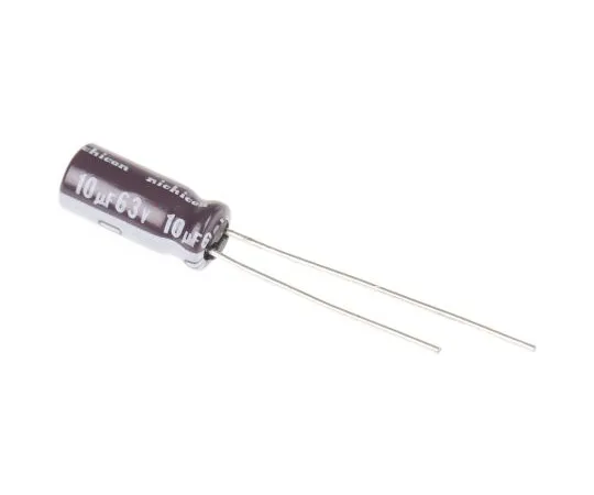 63-4847-98　Nichicon 10μF 63V dc Aluminium Electrolytic Capacitor, Through Hole 5 (Dia.) x 11mm +105°C 5mm 2mm　UPM1J100MDD