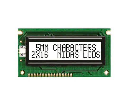 63-4687-48　Midas MC21605A6W-FPTLW-V2 A Alphanumeric LCD Display White, 2 Rows by 16 Characters, Transflective　MC21605A6W-FPTLW-V2
