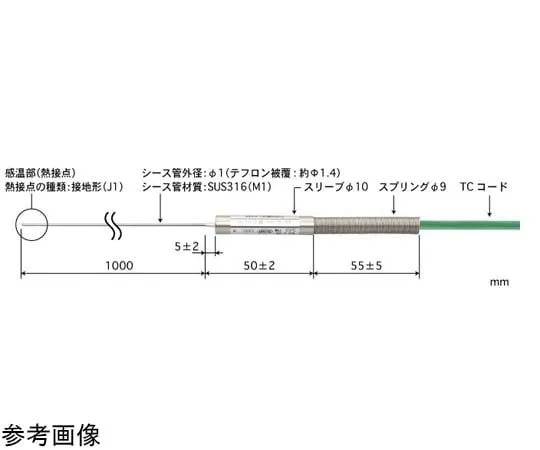 65-3530-71　Sheath Thermocouple Temperature Sensor Shape: Sleeve Type Outer Diameter 1φ 1000 mm with Teflon Coating E Type　BH1.0-E-J1-M1-L1000-TC1-ASP
