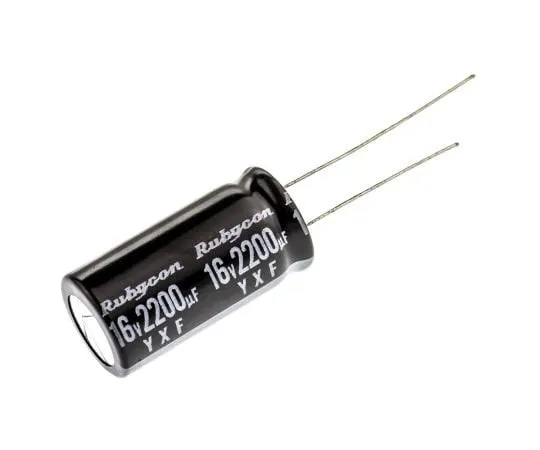 63-4736-57　Rubycon 2200μF 16V dc Aluminium Electrolytic Capacitor, Through Hole 12.5 (Dia.) x 25mm +105°C 12.5mm 5mm　16YXF2200M12.5X25
