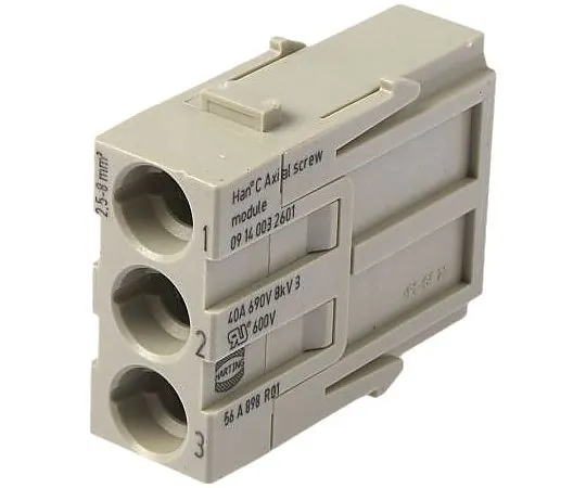 63-5142-88　Han-Modular 0914 Series Axial Module, Male, 3 Way, 40A, 690 V　9140032601