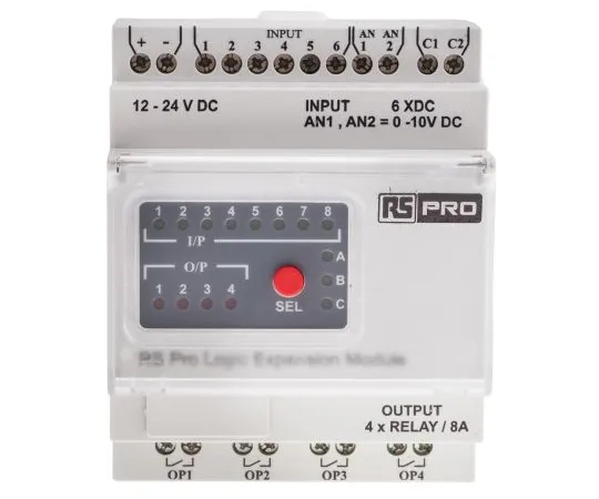 63-5179-88　RS Pro Expansion Module, 12 → 24 V dc Digital, Relay, 8 x Input, 4 x Output Without Display　917-6389