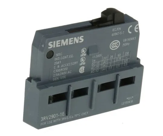 63-4987-52　Siemens Sirius Innovation 3RV2, NO/NC (2), Auxiliary Contact, Plug In, 1 A dc, 2.5 A ac　3RV2901-1E
