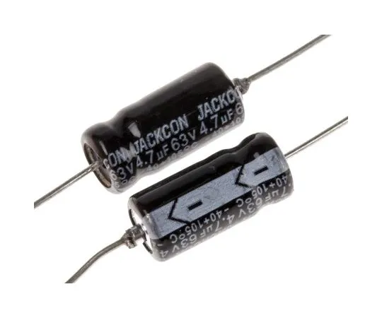 63-4989-74　RS PRO 4.7μF 63V dc Aluminium Electrolytic Capacitor, Through Hole 6 (Dia.) x 13mm +105°C 6mm 13mm　707-6363