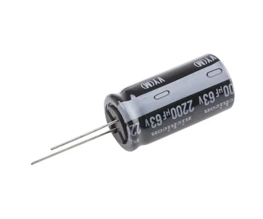63-5043-34　Nichicon 2200μF 63V dc Aluminium Electrolytic Capacitor, Through Hole 18 (Dia.) x 35.5mm +105°C 18mm 7.5mm　UVY1J222MHD