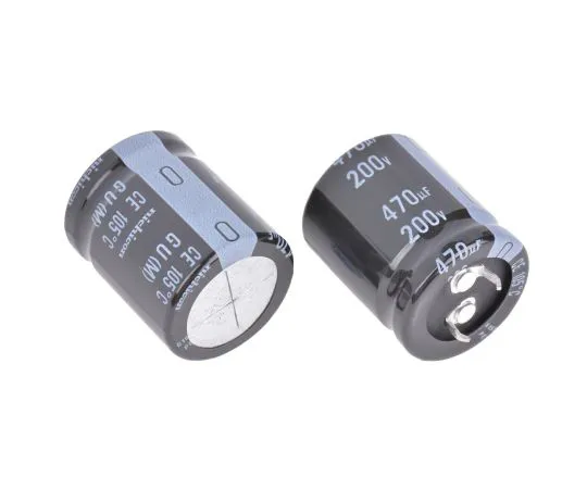 63-5143-99　Nichicon 470μF 200V dc Aluminium Electrolytic Capacitor, Through Hole 25 (Dia.) x 30mm +105°C 25mm 10mm　LGU2D471MELA