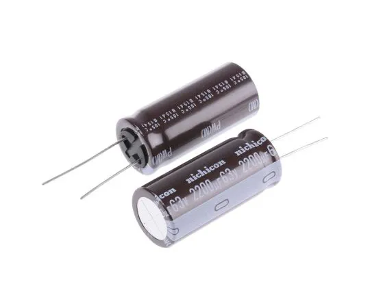 63-5008-56　Nichicon 2200μF 63V dc Aluminium Electrolytic Capacitor, Through Hole 18 (Dia.) x 40mm +105°C 18mm 7.5mm　UPW1J222MHD