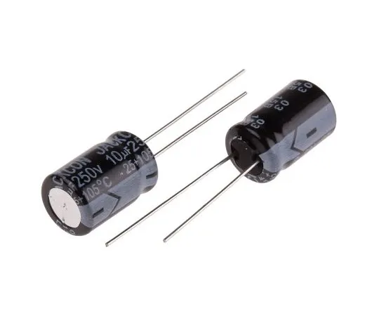 63-4998-80　RS PRO 10μF 250V dc Aluminium Electrolytic Capacitor, Through Hole 10 (Dia.) x 15mm +105°C 10mm 5mm 15mm　711-1927
