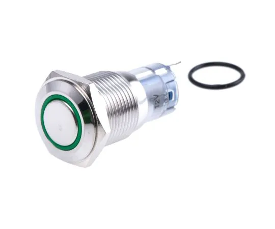 63-5125-52　RS PRO Single Pole Double Throw (SPDT) Momentary Green LED Push Button Switch, IP65, IP67, 16 (Dia.)mm, Panel Mount,　811-8449