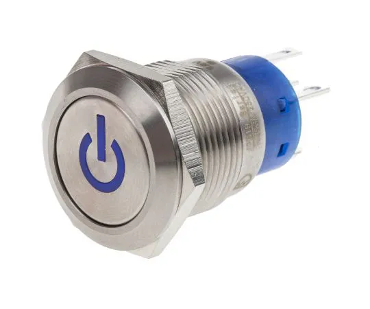 63-6777-87　RS PRO Single Pole Double Throw (SPDT) Latching Blue LED Push Button Switch, IP67, 19 (Dia.)mm, Panel Mount, Power　111-5802