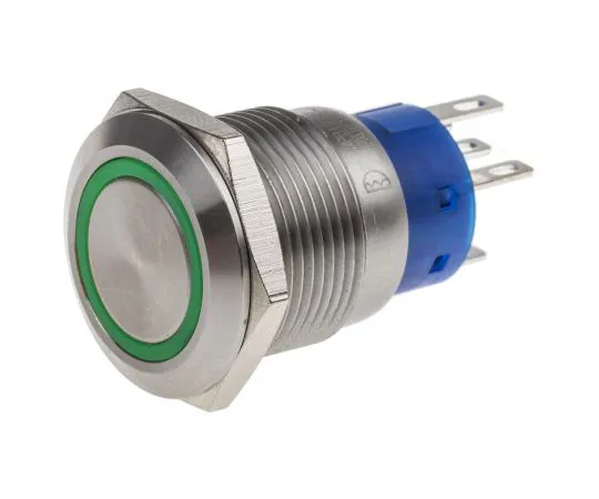 63-6775-10　RS PRO Single Pole Double Throw (SPDT) Latching Green LED Push Button Switch, IP67, 19.2 (Dia.)mm, Panel Mount, 250V ac　111-3774