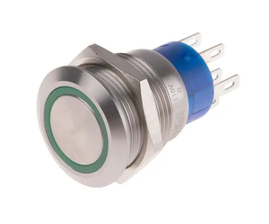 63-6777-93　RS PRO Double Pole Double Throw (DPDT) Momentary Green LED Push Button Switch, IP67, 19.2 (Dia.)mm, Panel Mount, 110V　111-5810