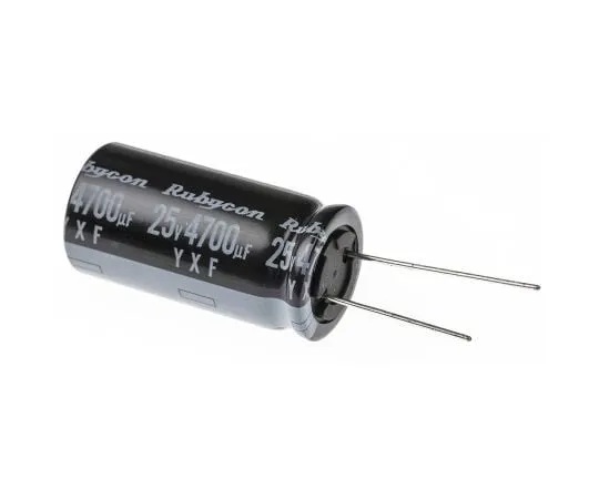 63-7415-83　Rubycon 4700μF 25V dc Aluminium Electrolytic Capacitor, Through Hole 18 (Dia.) x 35.5mm +105°C 18mm 7.5mm　25YXF4700M18X35.5