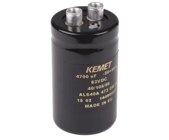 63-7517-17　KEMET 4700μF 63V dc Aluminium Electrolytic Capacitor, Chassis Mount 36 x 62mm +105°C 36mm 62mm　ALS40A472DB063