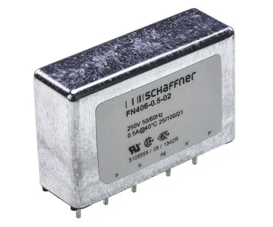 63-7428-86　Schaffner FN406 Series 500mA 250 V ac 400Hz Through Hole RFI Filter, with Pin Terminals　FN 406-0.5/02