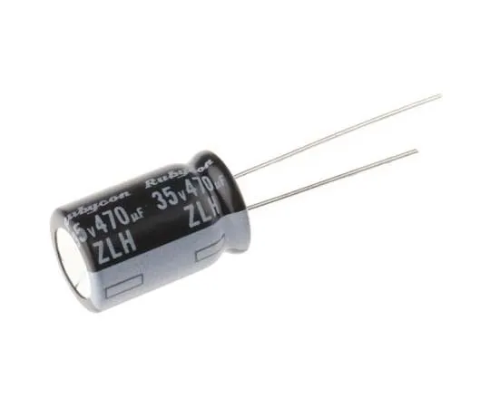 63-7717-21　Rubycon 470μF 35V dc Aluminium Electrolytic Capacitor, Through Hole 10 (Dia.) x 16mm +105°C 10mm 5mm　35ZLH470MEFC10X16