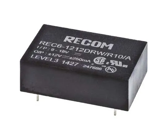 63-7723-22　Recom REC6 6W Isolated DC-DC Converter Through Hole, Voltage in 9 → 18 V dc, Voltage out ±12V dc　REC6-1212DRW/R10/A