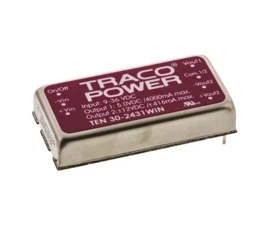 63-7724-69　TRACOPOWER TEN 30WIN 30W Isolated DC-DC Converter Through Hole, Voltage in 9 → 36 V dc, Voltage out 5/±12V dc　TEN 30-2431WIN