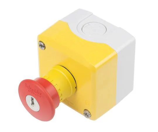 63-7632-58　Schneider Electric, Red/Yellow/Grey, Key Reset 40mm Mushroom Head Emergency Button　XALK188E