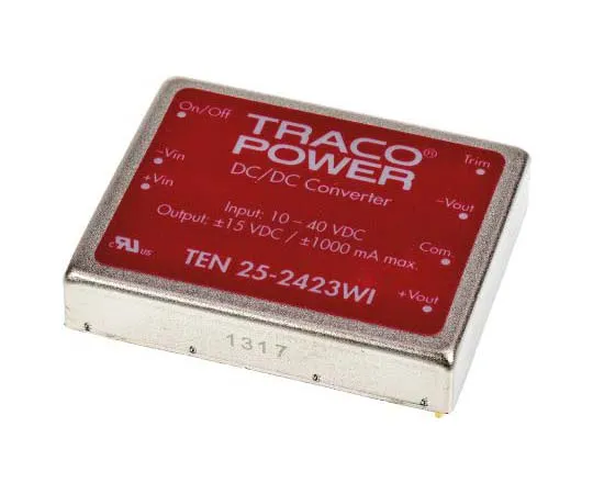 63-7725-37　TRACOPOWER TEN 25WI 25 W, 30 W Isolated DC-DC Converter Through Hole, Voltage in 10 → 40 V dc, Voltage out ±15V　TEN 25-2423WI