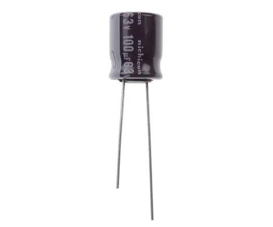 63-7605-95　Nichicon 100μF 63V dc Aluminium Electrolytic Capacitor, Through Hole 10 (Dia.) x 12.5mm +105°C 10mm 5mm　UPS1J101MPD