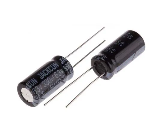 63-7737-79　RS PRO 330μF 63V dc Aluminium Electrolytic Capacitor, Through Hole 10 (Dia.) x 20mm +105°C 10mm 5mm 20mm　170-1275