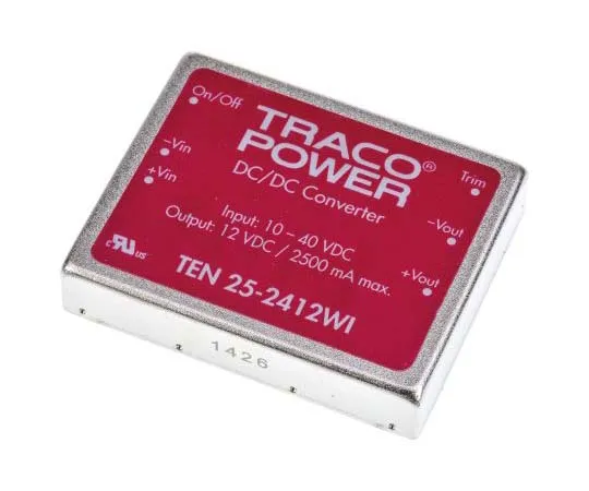 63-7725-28　TRACOPOWER TEN 25WI 25 W, 30 W Isolated DC-DC Converter Through Hole, Voltage in 10 → 40 V dc, Voltage out 12V dc　TEN 25-2412WI