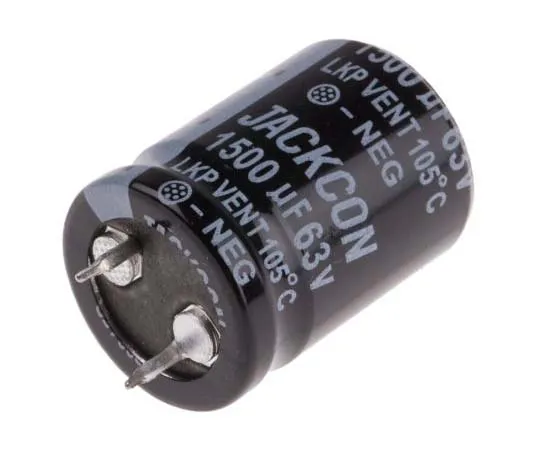 63-7722-65　RS PRO 1500μF 63V dc Aluminium Electrolytic Capacitor, Through Hole 22 (Dia.) x 30mm +105°C 22mm 10mm 30mm　170-1036