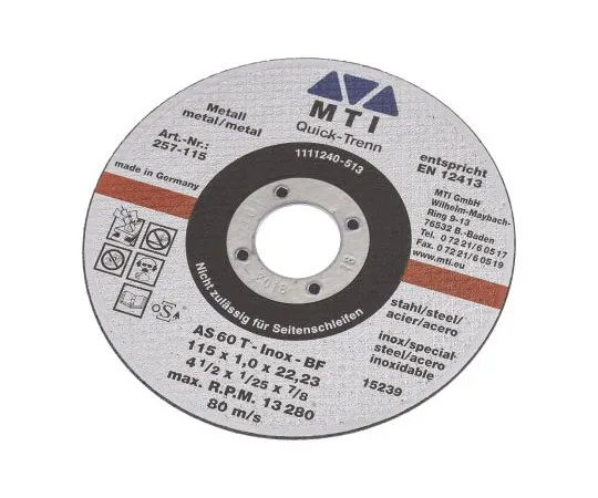 63-7572-94　MTI Aluminium Oxide Cutting Disc, 115mm Diameter, 1mm Thick　257-115