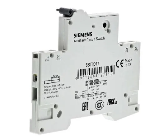 63-7606-48　Siemens Sentron 5ST3, 2NO (2), Auxiliary Contact, DIN Rail Mount, 6 A　5ST3011