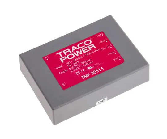 63-7654-69　TRACOPOWER 30W Triple Output Embedded Switch Mode Power Supply SMPS, 3 A, 500 mA, 5/±15V dc Encapsulated　TMP 30515