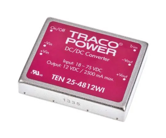 63-7725-36　TRACOPOWER TEN 25WI 25 W, 30 W Isolated DC-DC Converter Through Hole, Voltage in 18 → 75 V dc, Voltage out 12V dc　TEN 25-4812WI