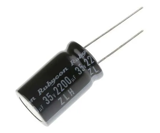 63-7717-25　Rubycon 2200μF 35V dc Aluminium Electrolytic Capacitor, Through Hole 16 (Dia.) x 25mm +105°C 16mm 7.5mm　35ZLH2200MEFC16X25