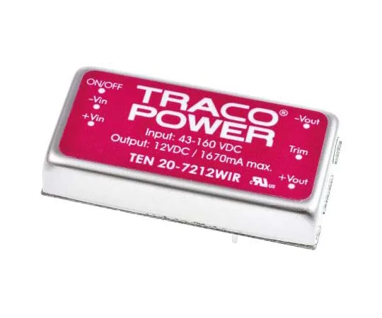 63-7773-64　TRACOPOWER TEN 20WIR 20W Isolated DC-DC Converter Through Hole, Voltage in 43 → 160 V dc, Voltage out 12V dc　TEN 20-7212WIR