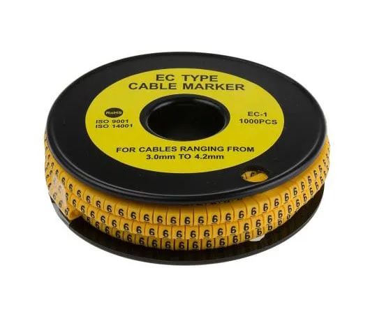 63-8015-55　RS Pro Slide On Cable Marker, Pre-printed 6 Black on Yellow 3 → 4.2mm Dia. Range　812-0821