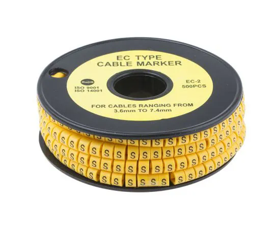 63-8015-91　RS PRO Slide On Cable Marker, Pre-printed S Black on Yellow 3.6 → 7.4mm Dia. Range　812-1023