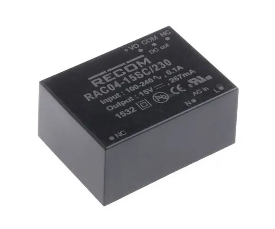 63-8023-09　Recom 4W 1 Output Embedded Switch Mode Power Supply SMPS, 267mA, 15V dc Encapsulated　RAC04-15SC/230