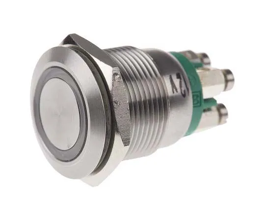 63-7769-03　Bulgin Single Pole Single Throw (SPST) Momentary Green LED Push Button Switch, IP66, 19.2 (Dia.)mm, Panel Mount, 24V dc　MPI002/TE/GN/12
