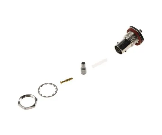 63-7979-41　TE Connectivity Straight 50Ω Panel Mount Bulkhead Fitting BNC Connector, jack, Nickel, Crimp Termination, RG174/U,　5228980-7