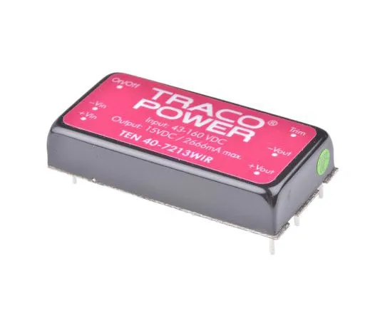 63-7956-76　TRACOPOWER TEN 40WIR 40W Isolated DC-DC Converter Through Hole, Voltage in 43 → 160 V dc, Voltage out 15V dc　TEN 40-7213WIR