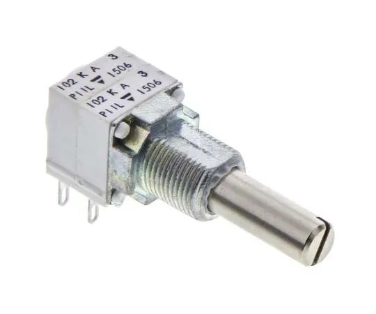 63-7789-92　Vishay 2 Gang Rotary Cermet Potentiometer with a 6.35 mm Dia. Shaft, 1kΩ, ±10%, 0.1W, Linear P11L2V0FLSY00102KA　P11L2V0FLSY00102KA