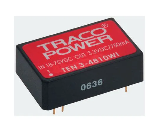 63-8303-68　TRACOPOWER TEN 3WI 3W Isolated DC-DC Converter Through Hole, Voltage in 18 → 75 V dc, Voltage out ±12V dc　TEN 3-4822WI